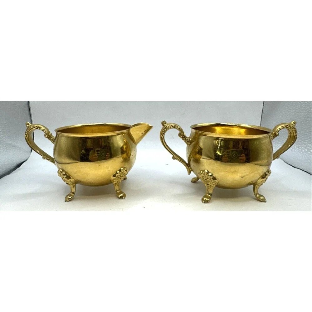 Vintage Footed Brass Metal Footed Creamer & Sugar Bowl   Set